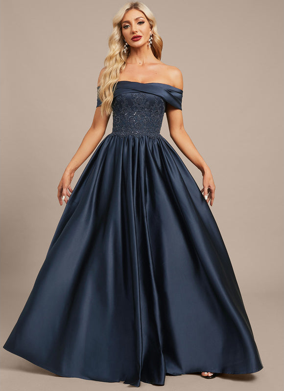 Trapèze épaule dénudée longueur ras du sol satin dentelle robe de soirée avec plissée paillettes - gallery 2