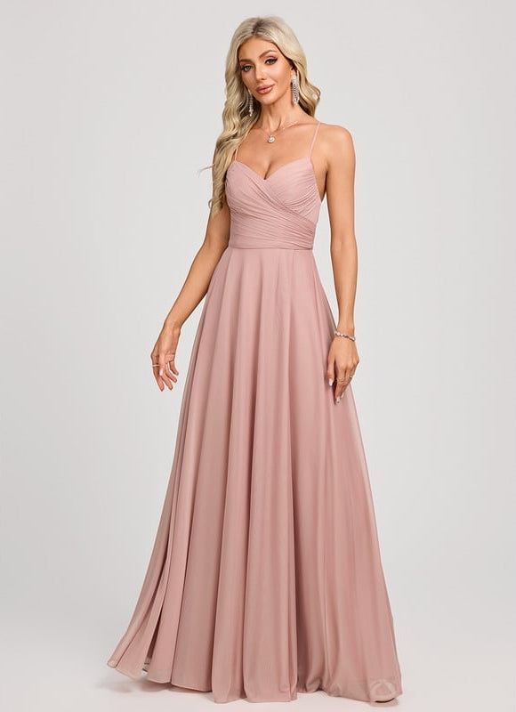 Trapèze col v longueur ras du sol mesh robe de bal avec plissée - gallery 3