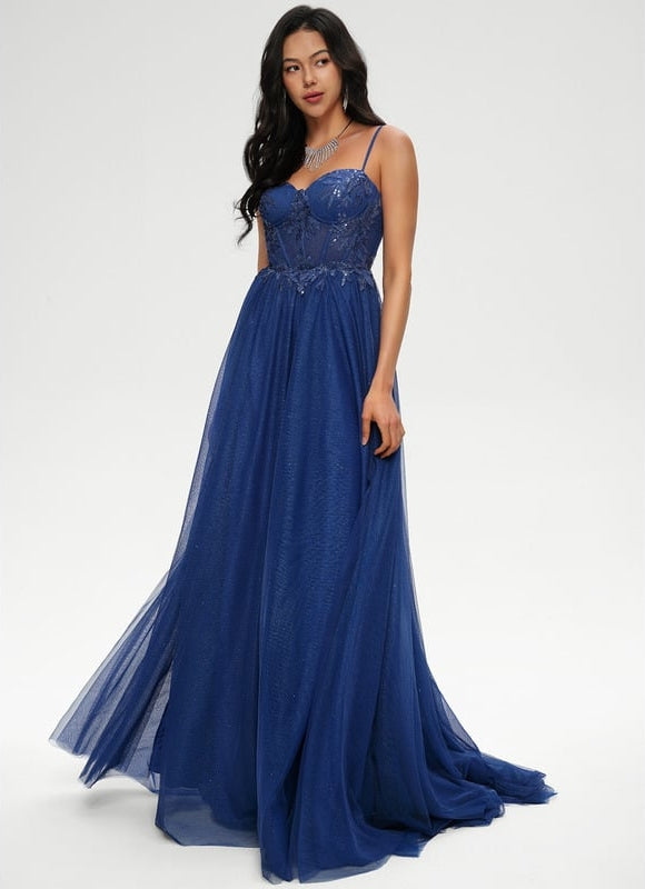 Princesse col cœur traîne balayage tulle robe de bal avec paillettes appliques de dentelle - gallery 4