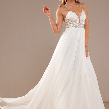 Trapèze col v traîne balayage mousseline dentelle robe de mariée avec perles paillettes