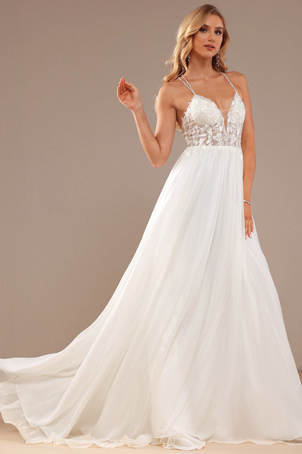 Trapèze col v traîne balayage mousseline dentelle robe de mariée avec perles paillettes