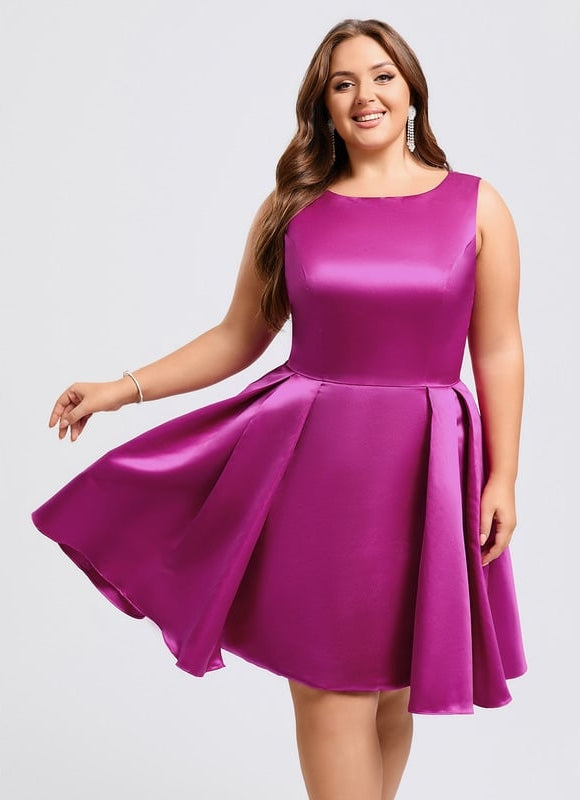 Trapèze col rond court satin robe de bal de promo - gallery 5