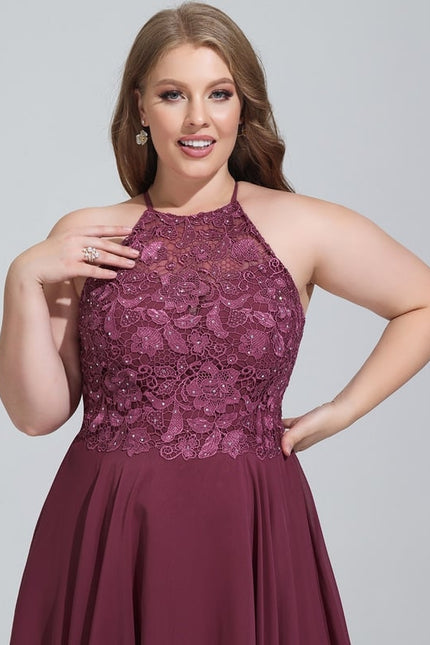 Trapèze col rond longueur genou mousseline robe de bal de promo avec perles - gallery 8