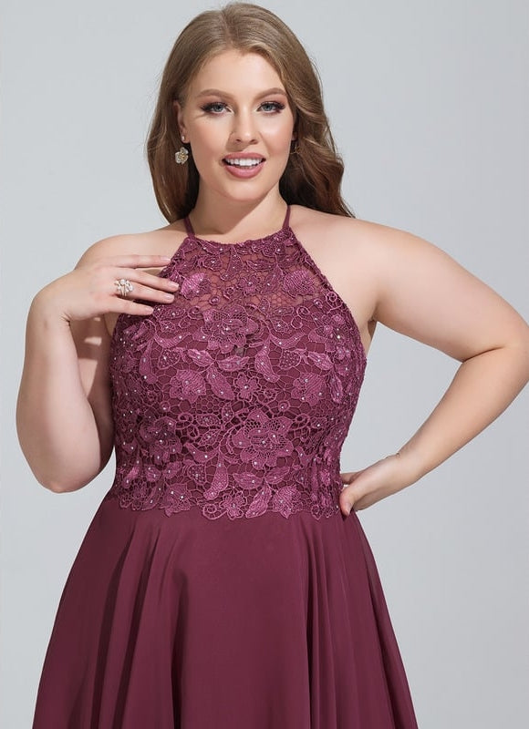 Trapèze col rond longueur genou mousseline robe de bal de promo avec perles - gallery 8