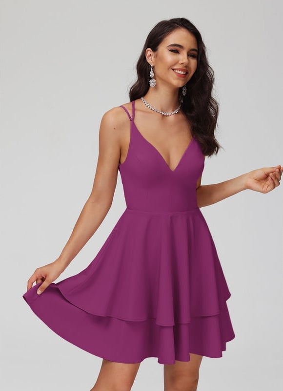 Trapèze col v court crêpe extensible robe de bal de promo - gallery 3