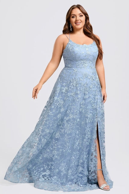 Trapèze col rond longueur ras du sol dentelle floral robe de bal avec paillettes - gallery 6