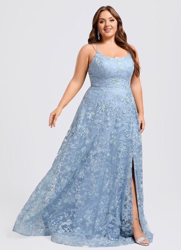 Trapèze col rond longueur ras du sol dentelle floral robe de bal avec paillettes - gallery 6