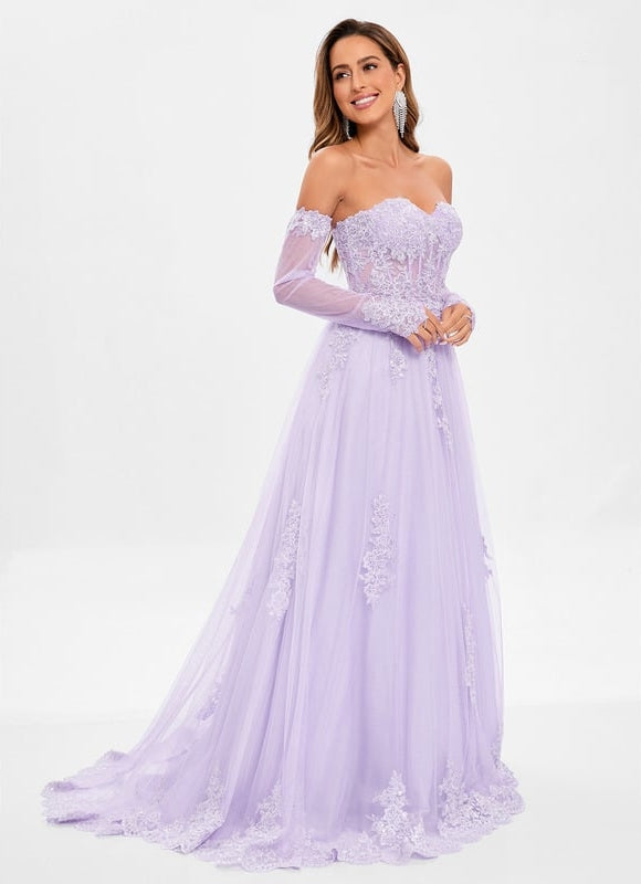 Trapèze col cœur traîne balayage tulle robe de bal avec paillettes appliques de dentelle - gallery 4