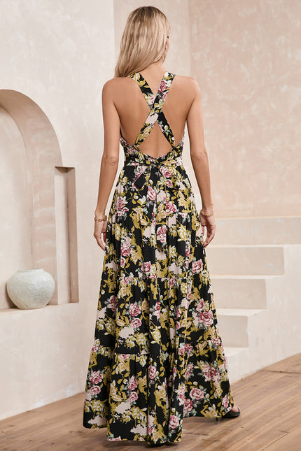Robe imprimé fleur licou trapèze polyester maxi - gallery 2