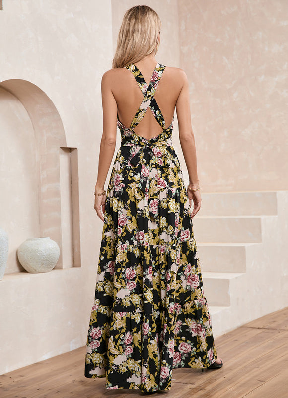 Robe imprimé fleur licou trapèze polyester maxi - gallery 2