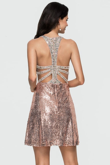Trapèze col rond court paillette robe de bal de promo avec paillettes - gallery 2