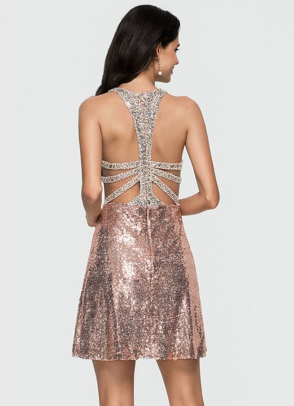 Trapèze col rond court paillette robe de bal de promo avec paillettes - gallery 2