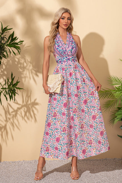 Robe imprimé fleur licou trapèze polyester maxi - gallery 2