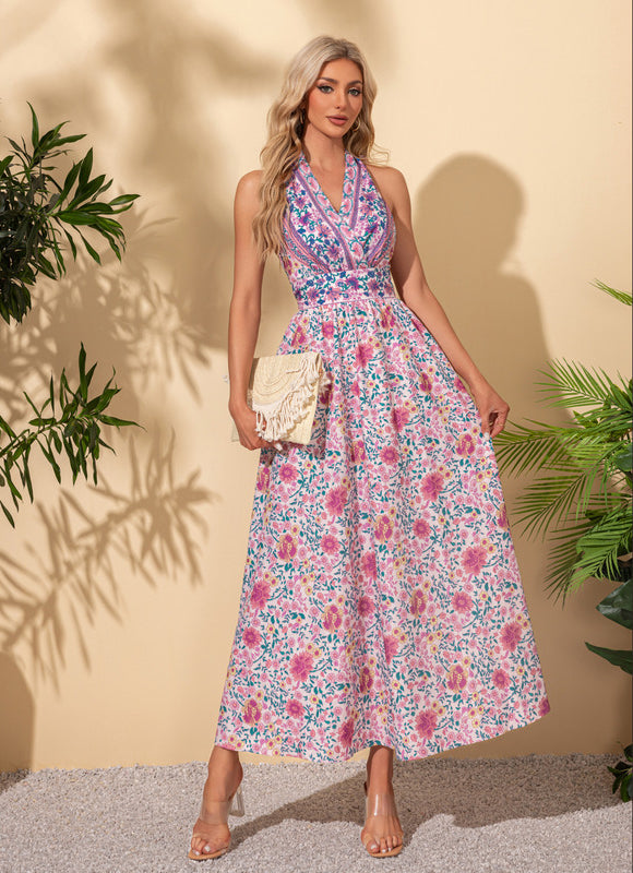 Robe imprimé fleur licou trapèze polyester maxi - gallery 2