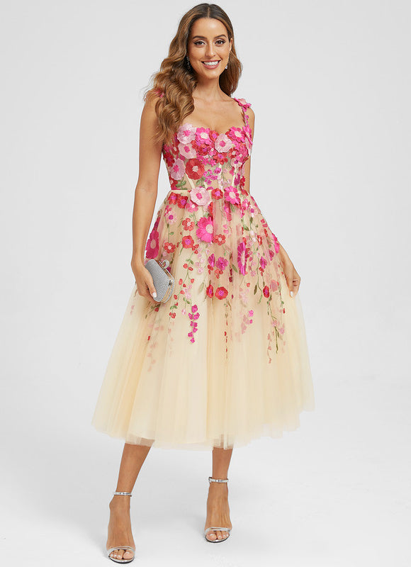 Trapèze col cœur longueur mollet dentelle floral robe de cocktail avec motif floral 3d - gallery 3