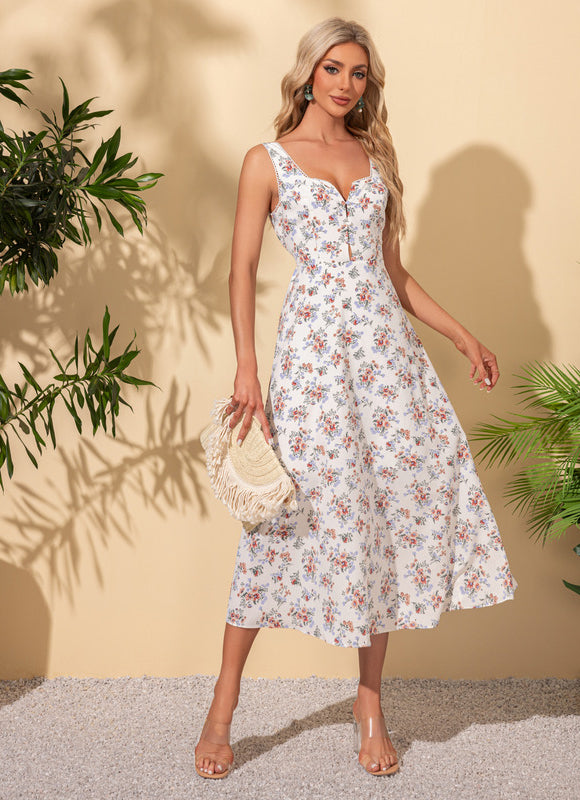 Robe imprimé fleur col cœur trapèze polyester midi - gallery 3
