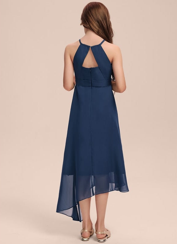 Trapèze licou asymétrique mousseline robe de demoiselle d'honneur - junior - gallery 2