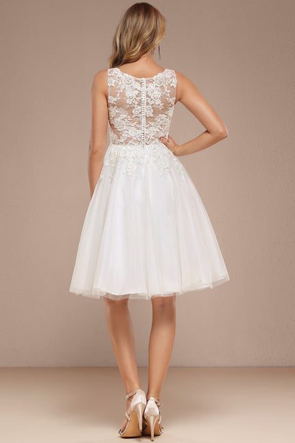 Trapèze col bateau longueur genou tulle dentelle robe de mariée avec paillettes - gallery 5