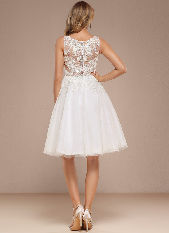 Trapèze col bateau longueur genou tulle dentelle robe de mariée avec paillettes - gallery 5