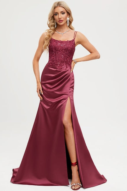 Sirène col rond traîne balayage satin robe de bal avec paillettes - gallery 5