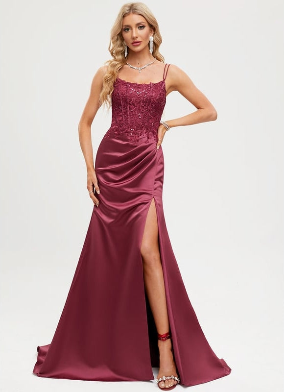 Sirène col rond traîne balayage satin robe de bal avec paillettes - gallery 5
