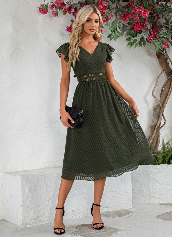 Robe à volants jacquard col v trapèze mousseline jacquard midi - gallery 5