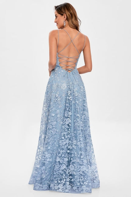 Trapèze col rond longueur ras du sol dentelle floral robe de bal avec paillettes - gallery 5