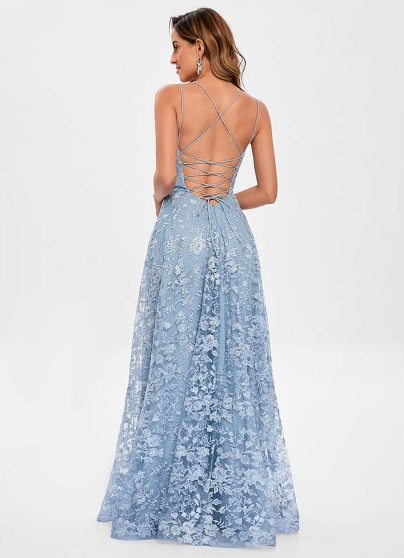 Trapèze col rond longueur ras du sol dentelle floral robe de bal avec paillettes - gallery 5