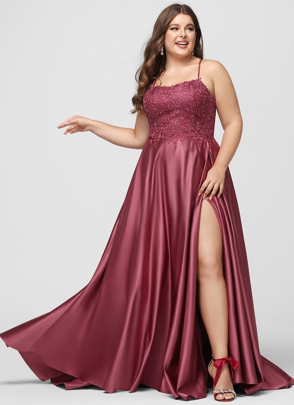 Trapèze col carré traîne balayage satin robe de bal avec strass - gallery 9