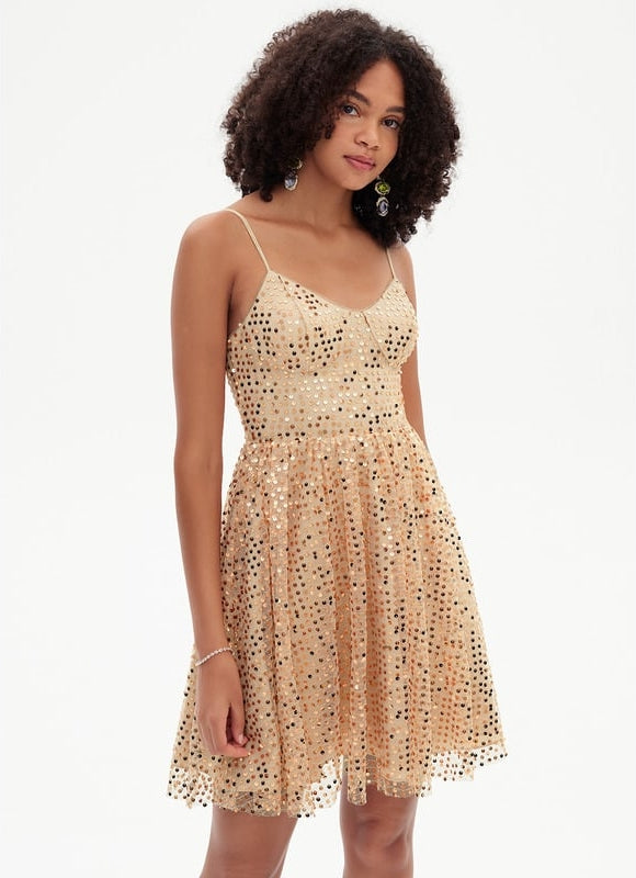 Trapèze col v court paillette robe de bal de promo avec paillettes - gallery 3