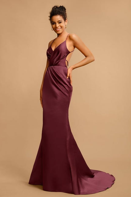 Fourreau col v traîne balayage satin robe de bal avec plissée - gallery 1