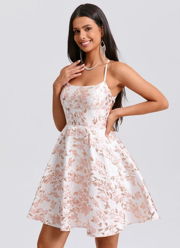 Trapèze col rond court jacquard robe de bal de promo - gallery 3