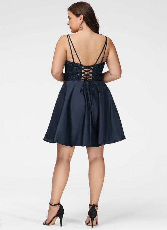 Trapèze col carré court satin robe de bal de promo - gallery 9