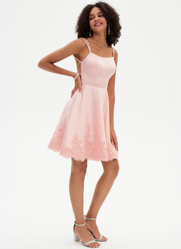 Trapèze col rond court satin robe de bal de promo - gallery 4