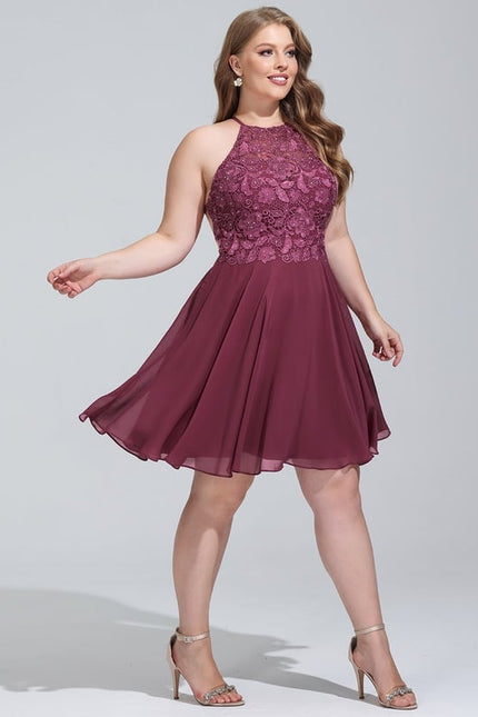 Trapèze col rond longueur genou mousseline robe de bal de promo avec perles - gallery 6