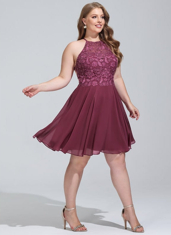 Trapèze col rond longueur genou mousseline robe de bal de promo avec perles - gallery 6