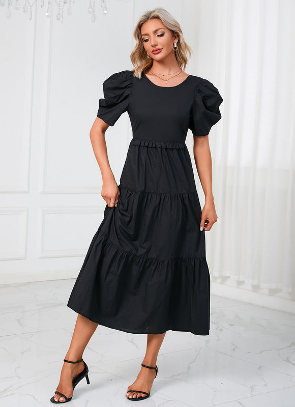 Robe à volants col rond trapèze polyester midi - gallery 4