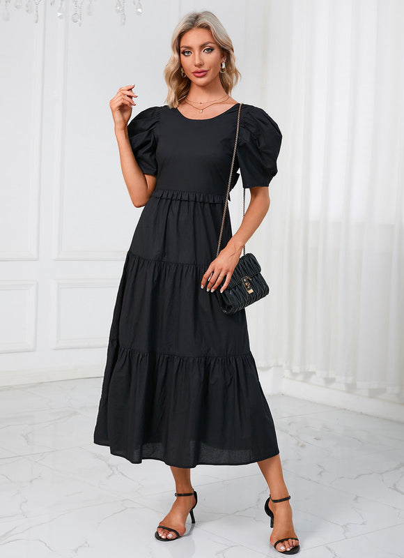 Robe à volants col rond trapèze polyester midi - gallery 3