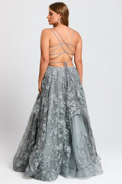 Princesse col v longueur ras du sol tulle dentelle robe de bal - gallery 8