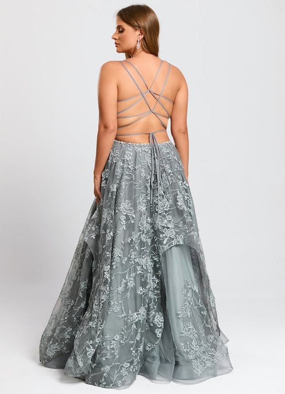 Princesse col v longueur ras du sol tulle dentelle robe de bal - gallery 8