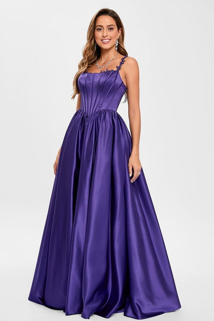 Princesse col rond longueur ras du sol satin robe de bal avec appliques de dentelle perles - gallery 2