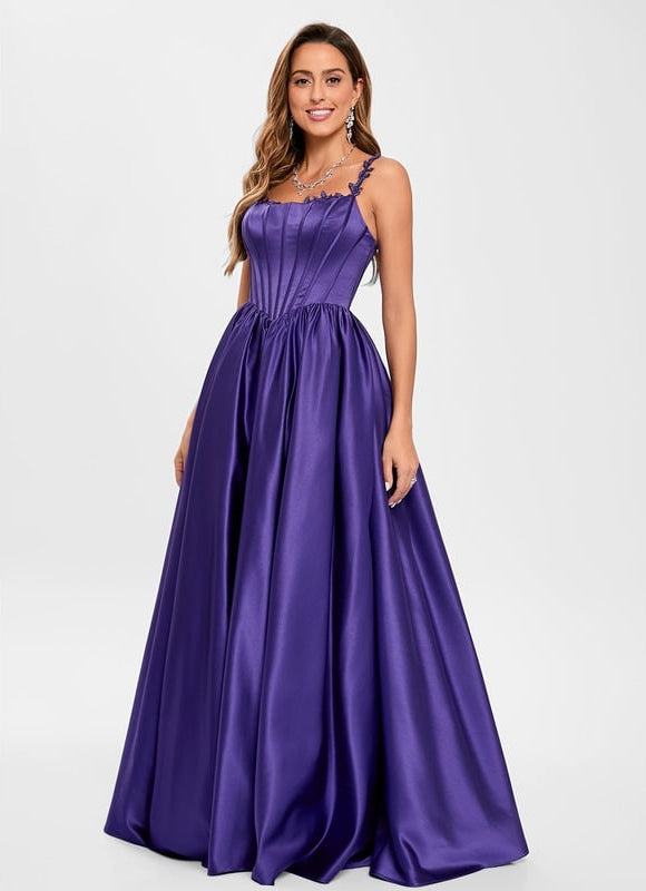 Princesse col rond longueur ras du sol satin robe de bal avec appliques de dentelle perles - gallery 2
