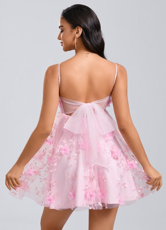 Trapèze col droit mini dentelle robe de bal de promo avec nœud fleurs - gallery 5