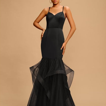 Sirène col v longueur ras du sol tulle satin robe de bal