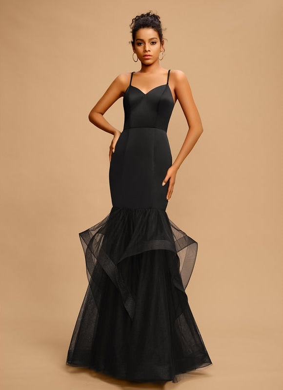 Sirène col v longueur ras du sol tulle satin robe de bal