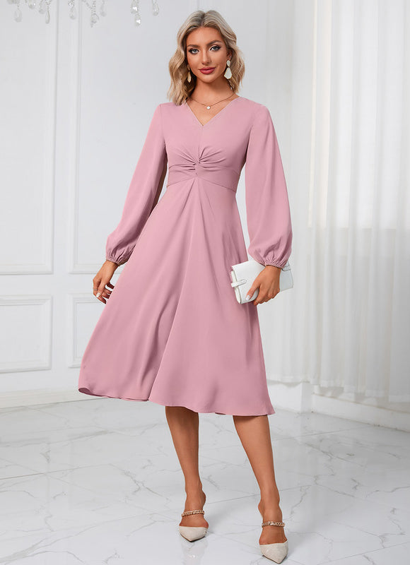 Robe nœud col v trapèze polyester midi - gallery 3