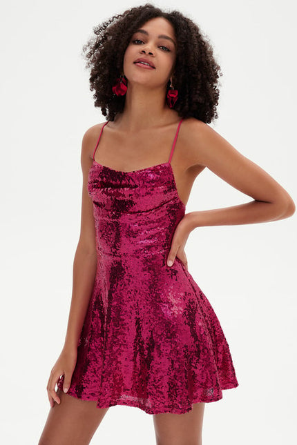 Trapèze col bénitier mini paillette robe de bal de promo avec paillettes - gallery 4