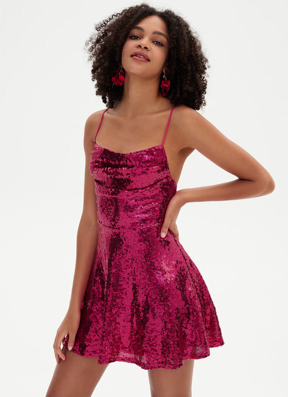 Trapèze col bénitier mini paillette robe de bal de promo avec paillettes - gallery 4