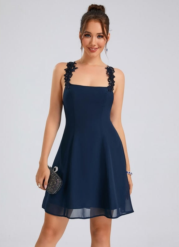 Trapèze col carré court mousseline robe de bal de promo