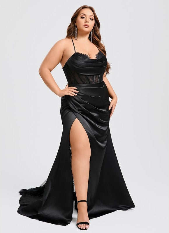 Sirène col cœur traîne balayage satin robe de bal - gallery 9